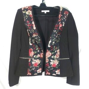 Cleo Open Front Floral Lined Black Pink Blazer Jacket, Medium